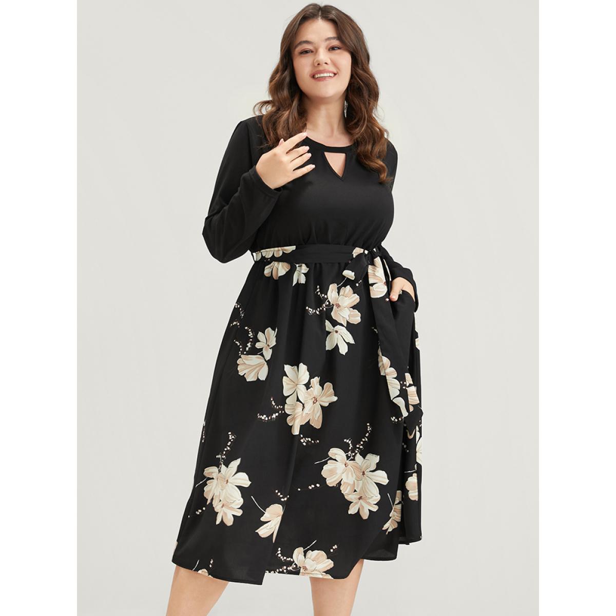 Plus Size Floral Print Keyhole Round Neck Pocket Belted Dress Multicolor Women Elegant Belted Round Neck Long Sleeve Curvy Midi Dress BloomChic 22-24/3X Product Image