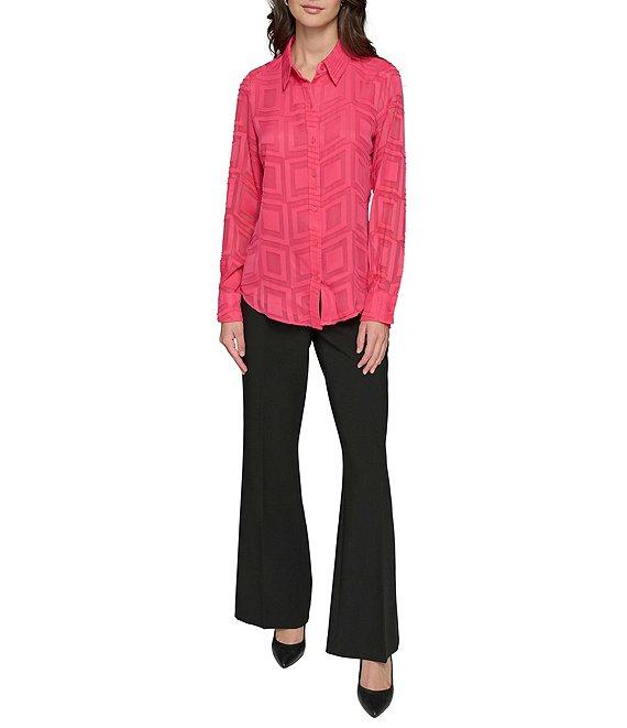 KARL LAGERFELD PARIS Textured Geometric Pattern Spread Collar Long Sleeve Button Front Blouse Product Image