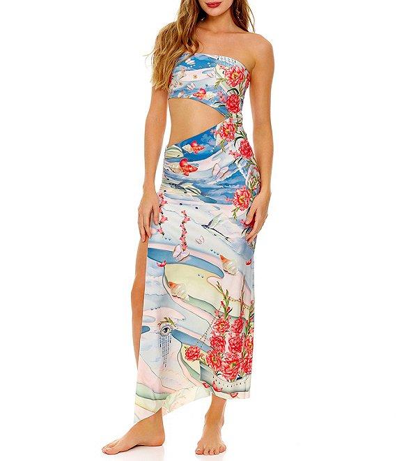 Agua Bendita Gwen Floral Placement Print Strapless Sleeveless Cutout Midi Dress Product Image