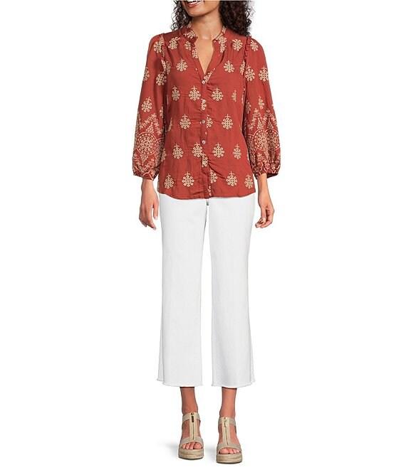 Calessa Embroidered Medallion Print Split V-Neck Bracelet Length Sleeve Button Front Tunic Product Image