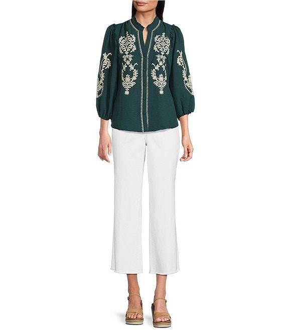 Calessa Embroidered Placement Print Ruffle Split V-Neck 3/4 Sleeve Button-Front Tunic Product Image