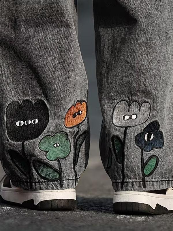 Men's Distressed Interesting Flower Embroidery Loose Jeans Product Image