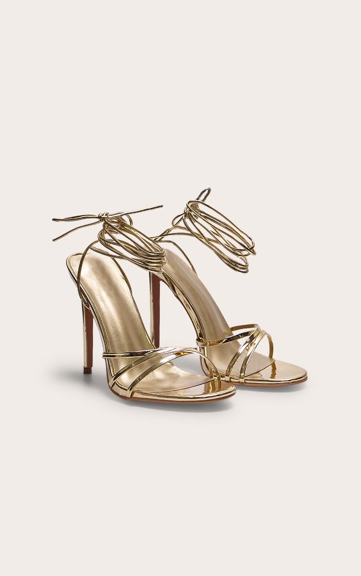 Gold Metallic Round Toe Lace Up High Heeled Sandals Product Image