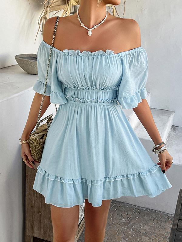 A-line High Waisted Elasticity Pleated Ruffle Trim Solid Color Square-neck Mini Dresses Product Image