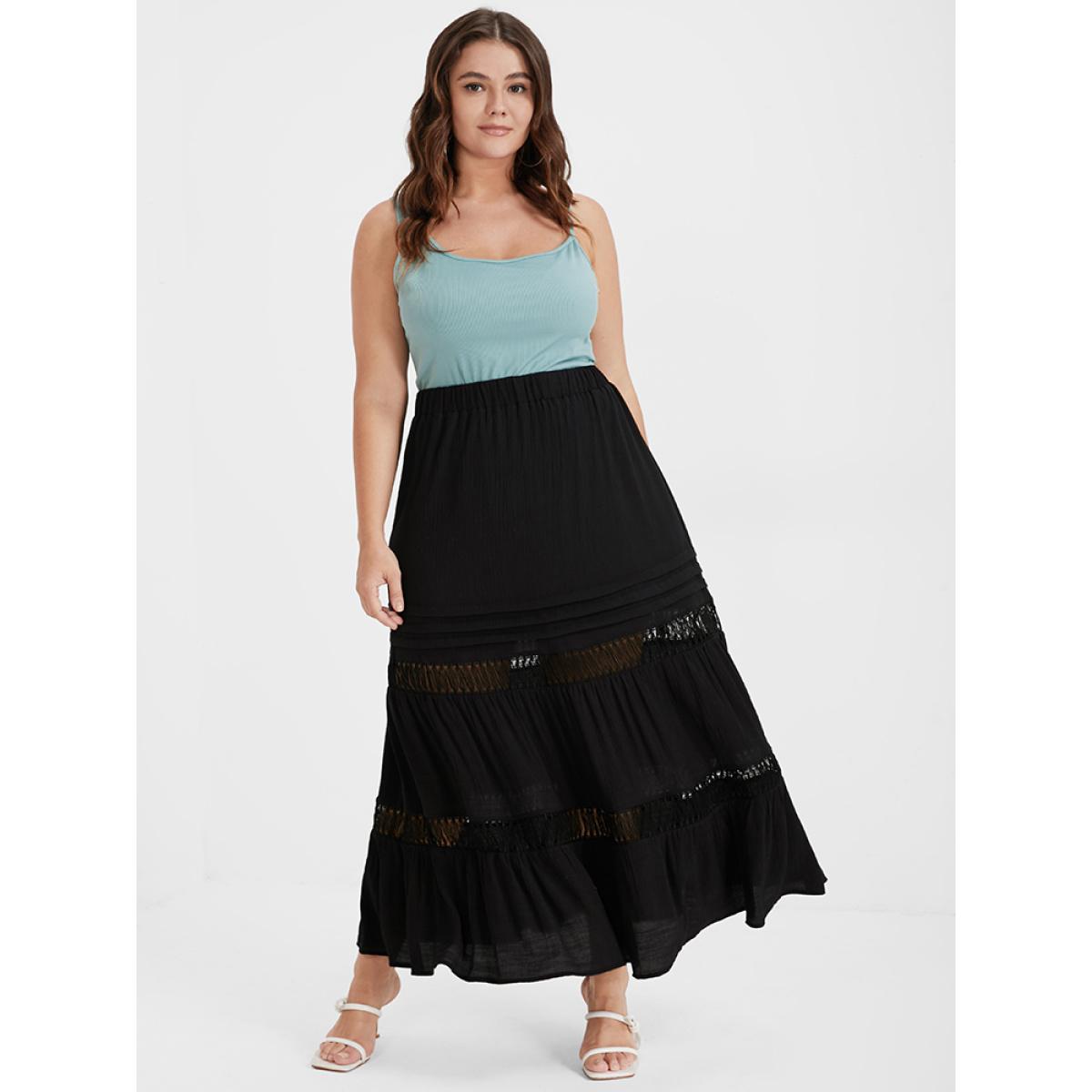 Plus Size Eyelet Lace Patchwork Elastic Waist Skirt Women Black Elegant Patchwork Loose No stretch Dailywear Skirts BloomChic 10/M Product Image