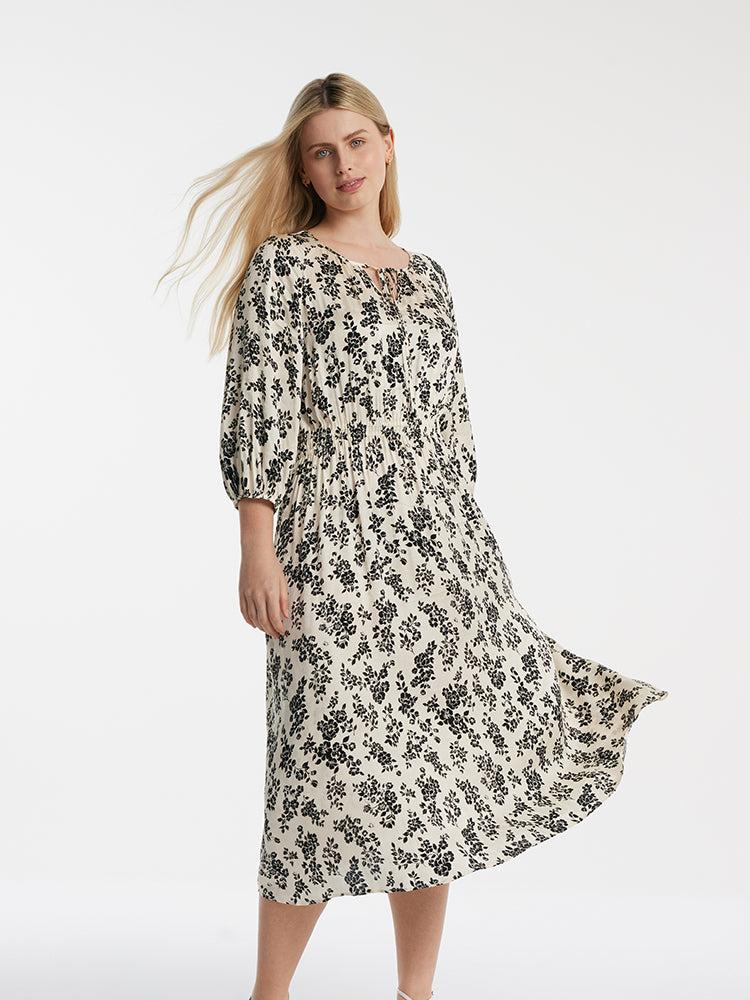 Camellia Print Gathered Waist Women Midi Dress Product Image