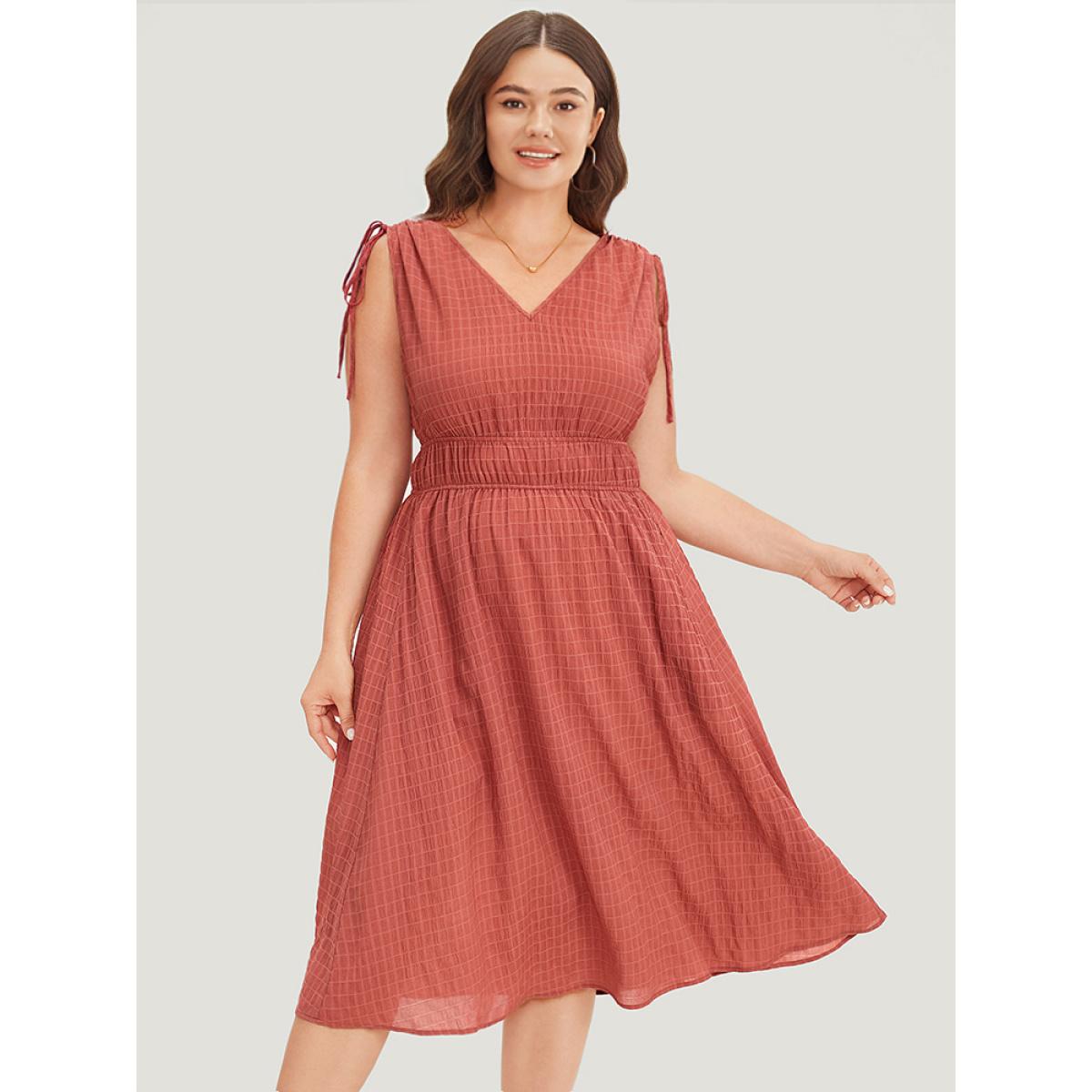Plus Size V Neck Drawstring Sleeveless Pocket Elastic Waist Dress Coral Women Elegant Gathered V-neck Sleeveless Curvy Midi Dress BloomChic 12/L Product Image