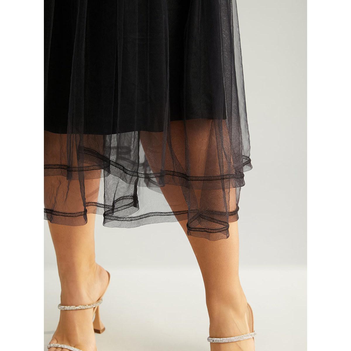 Plus Size Plaid Mesh Patchwork Elastic Waist Belted Dress Raspberry Women Glamour Elastic cuffs V-neck Long Sleeve Curvy Midi Dress BloomChic 12/L Product Image