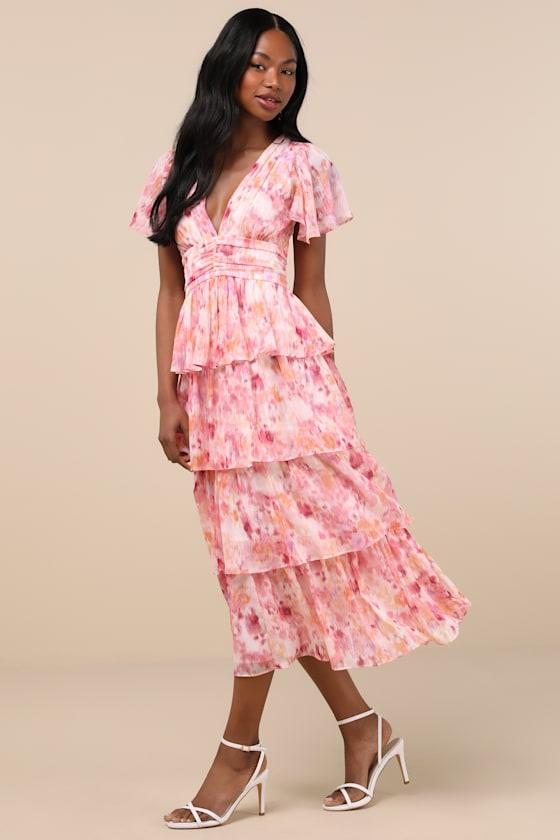 Nalia Pink Abstract Print Tiered Tie-Back Midi Dress Product Image