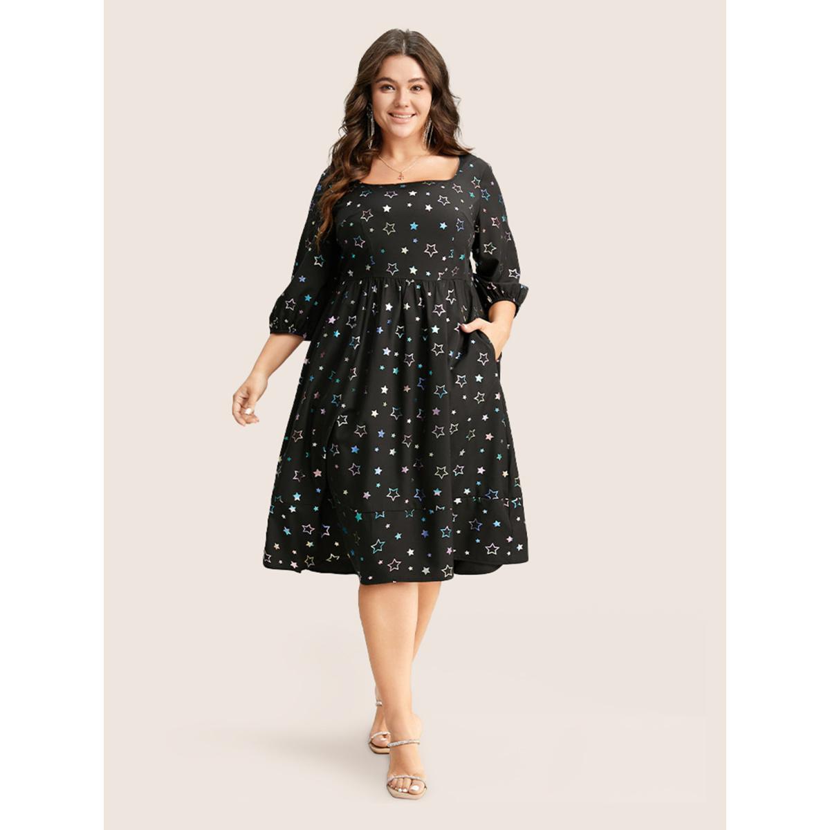 Plus Size Heart Glitter Square Neck Lantern Sleeve Dress Black Women Cocktail Elastic cuffs Square Neck Half Sleeve Curvy Midi Dress BloomChic 14-16/1X Product Image