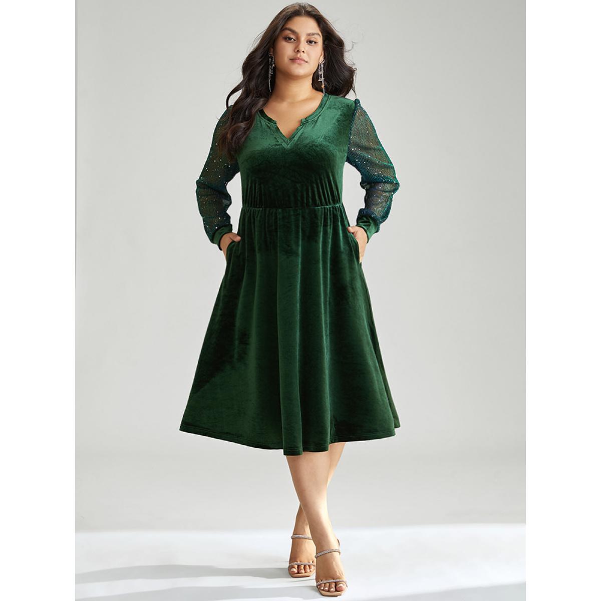 Plus Size Velvet Sequin Patchwork Elastic Waist Notched Dress DarkGreen Women Glamour Velvet Notched collar Long Sleeve Curvy Midi Dress BloomChic 10/M Product Image