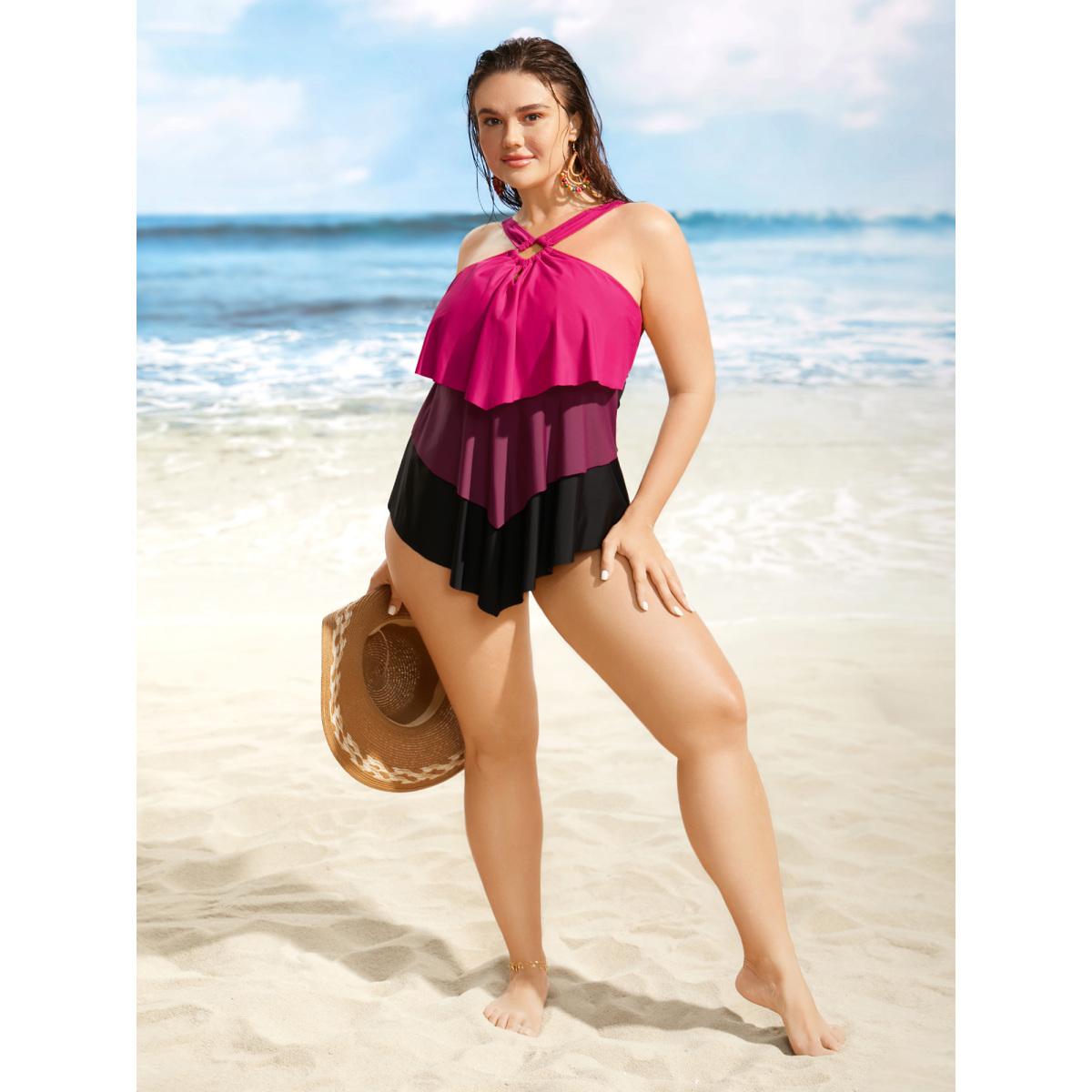 Plus Size Contrast Cut Out Tiered Hem One Piece Swimsuit Women's Swimwear Rosered Beach Contrast Curve Bathing Suits High stretch One Pieces BloomChic 28/5X Product Image