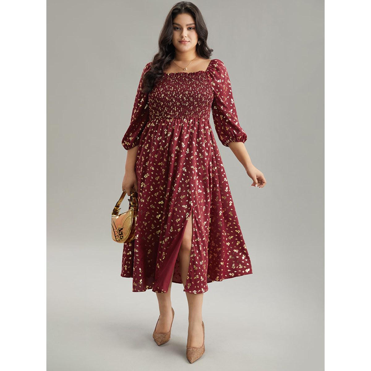 Plus Size Glitter Square Neck Shirred Split Front Frill Trim Dress Scarlet Women Party Elastic cuffs Square Neck Elbow-length sleeve Curvy Midi Dress BloomChic 14-16/1X Product Image
