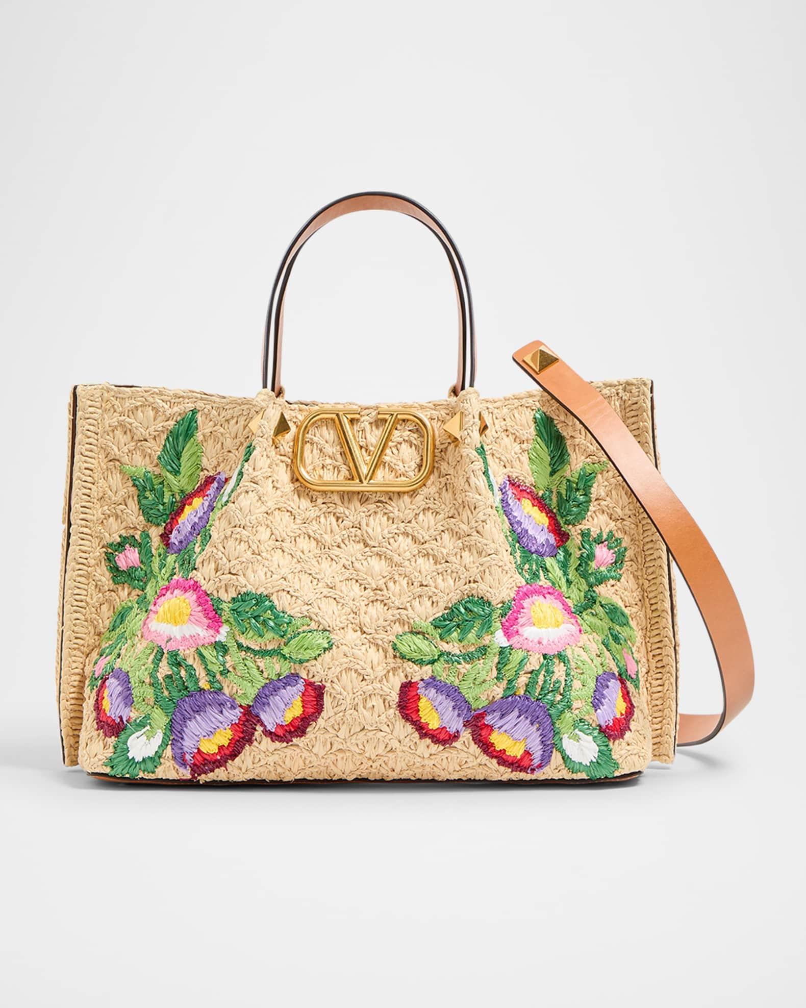 Floral Embroidered Raffia Medium Shopping Tote Bag Product Image
