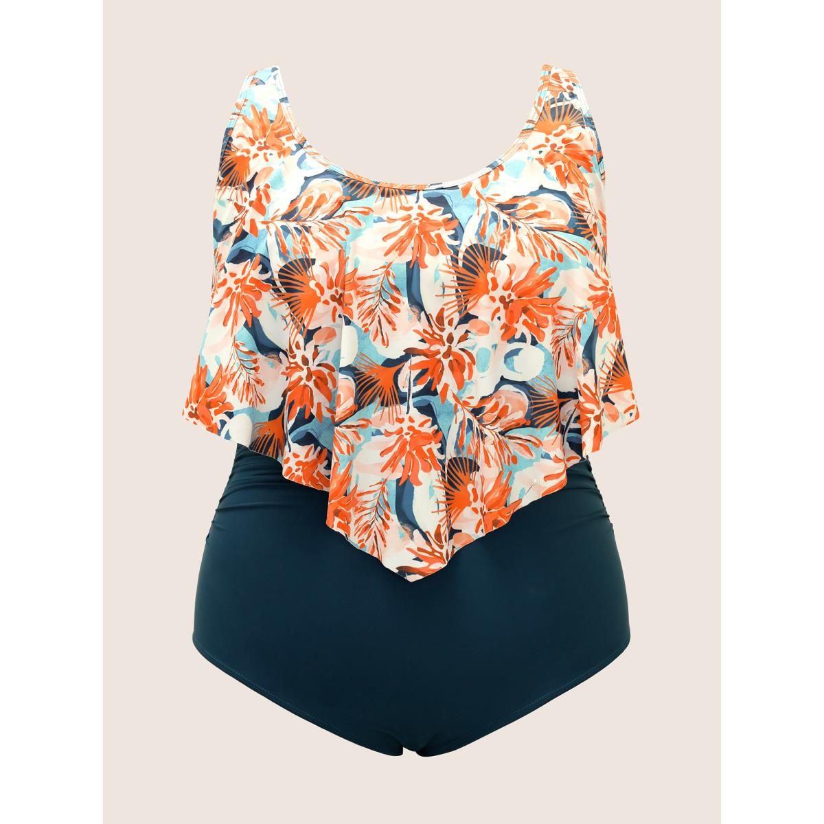 Plus Size Floral Print Tiered Ruffles One Piece Swimsuit Women's Swimwear Cyan Beach Gathered Curve Bathing Suits High stretch One Pieces BloomChic 18-20/2X Product Image