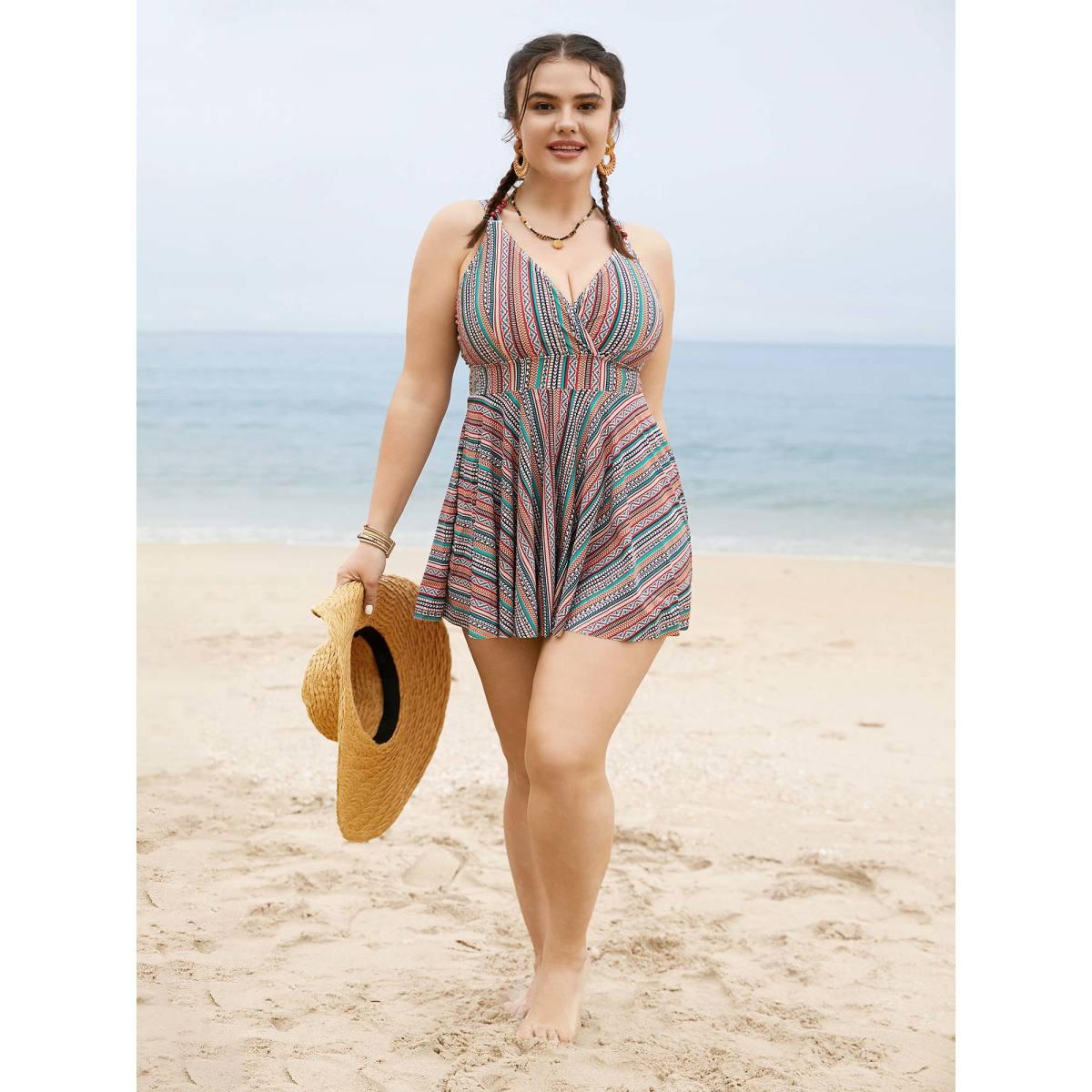 Plus Size Bandana Striped Print Adjustable Straps Swim Dress Women's Swimwear Multicolor Beach Bodycon V-neck High stretch Curve Swim Dresses BloomChic 22-24/3X Product Image
