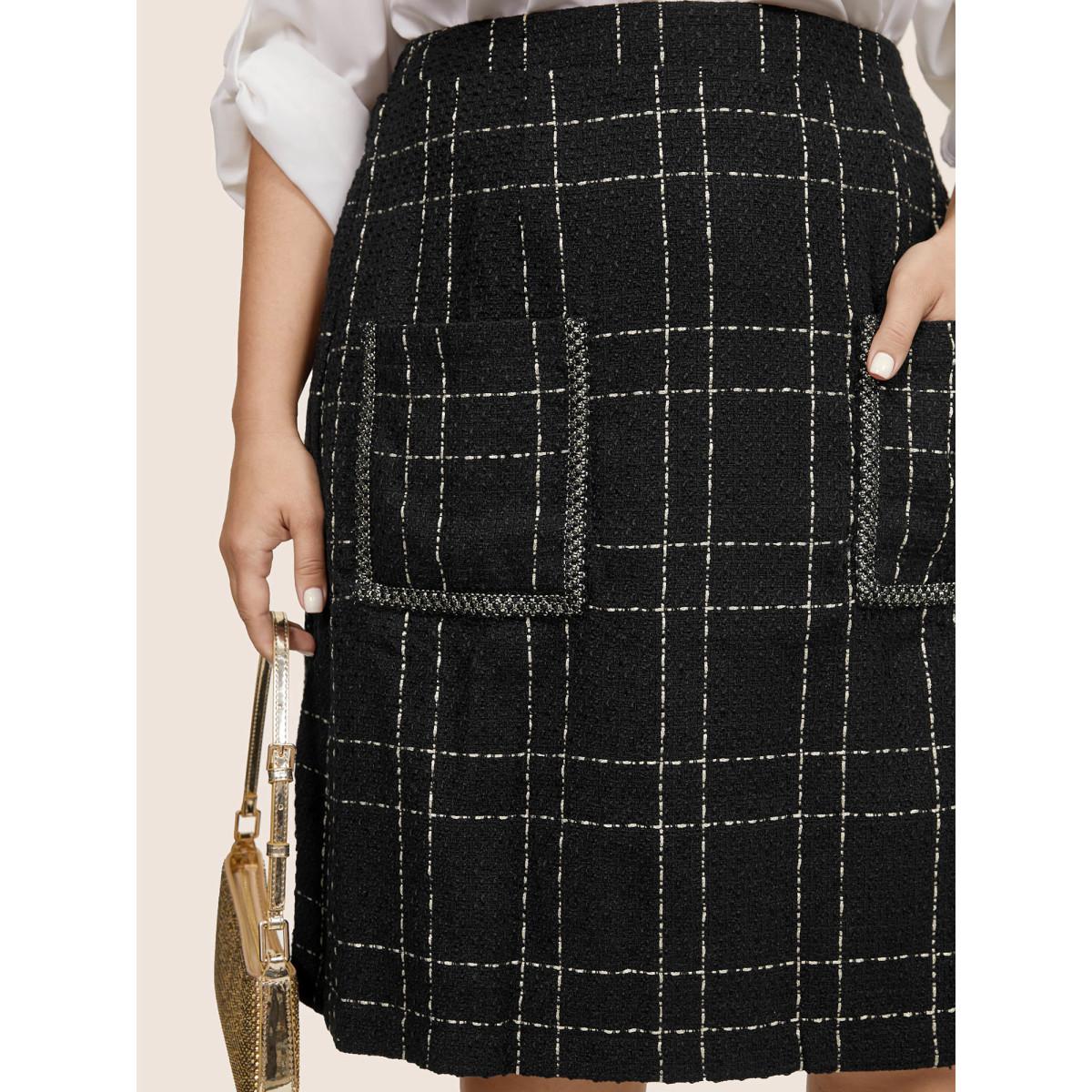 Plus Size Plaid Patched Pocket Stitch Skirt Women Black Glamour Stitch No stretch Pocket Going out Skirts BloomChic 22-24/3X Product Image