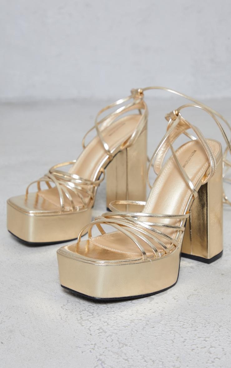 Gold PU Multi Strap Lace Up Platform High Block Heeled Sandals Product Image