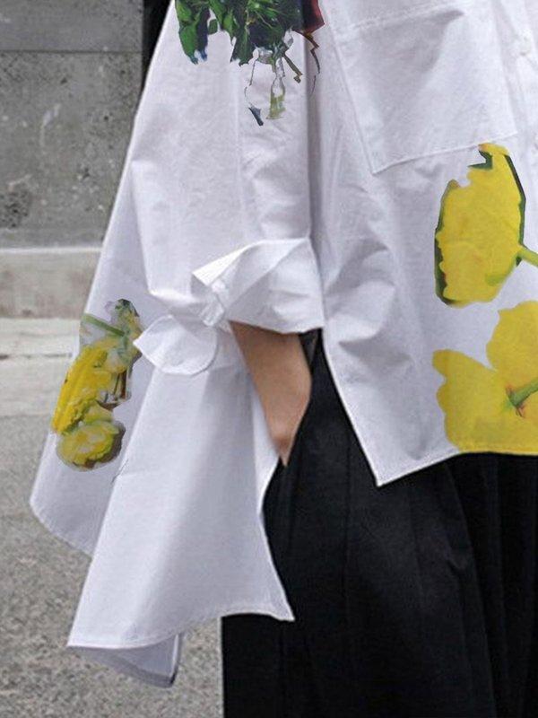 High-Low Long Sleeves Buttoned Flower Print Pockets Split-Side Stand Collar Blouses&Shirts Tops Product Image