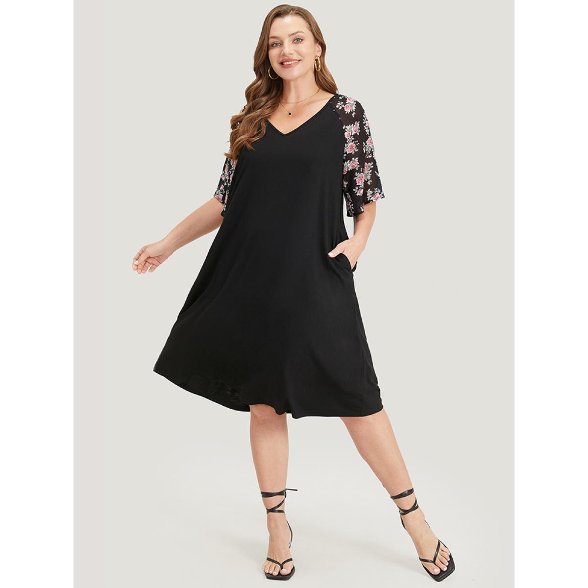Plus Size Supersoft Essentials Floral Pocket Raglan Sleeve Midi Dress Black Women Casual Plain V-neck Short sleeve Curvy Midi Dress BloomChic 12/L Product Image