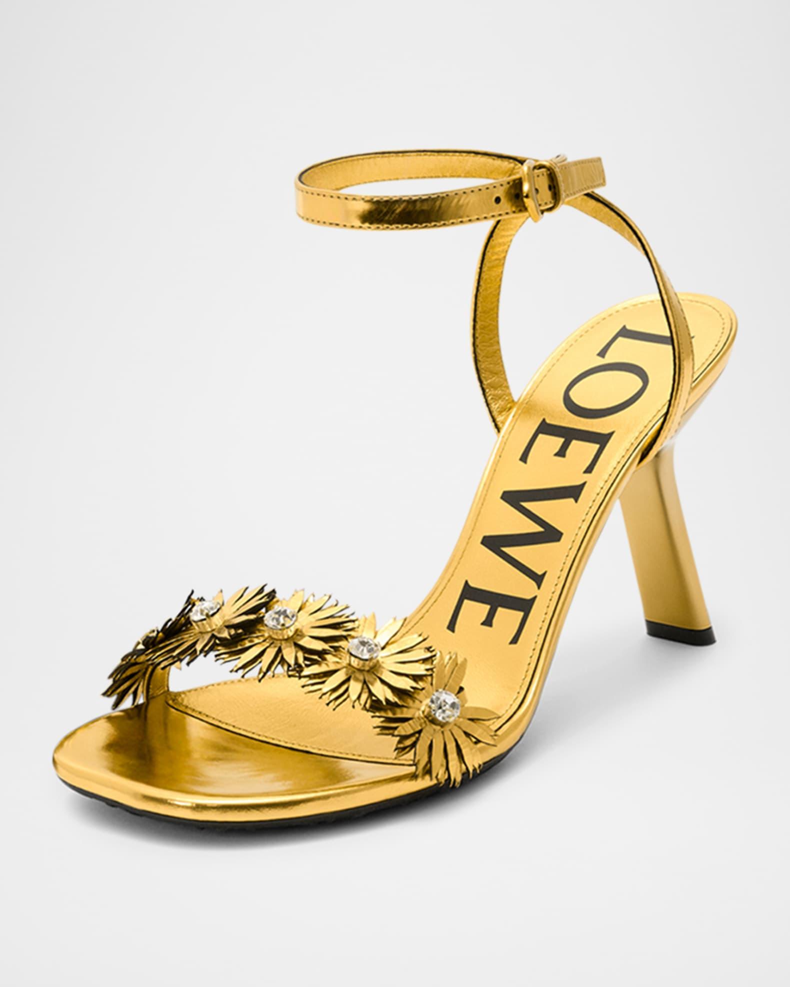 Crystal Flower Metallic Leather Ankle-Strap Sandals Product Image