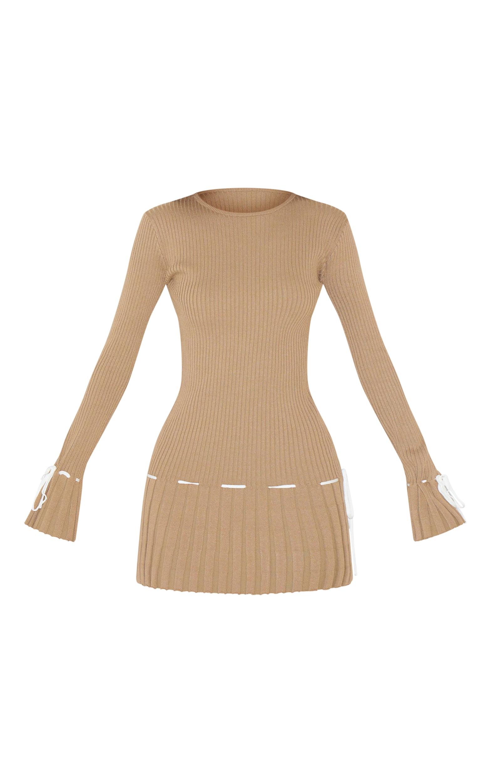 Taupe Rib Knit Pleated Contrast Tie Detail Long Sleeve Mini Dress Product Image