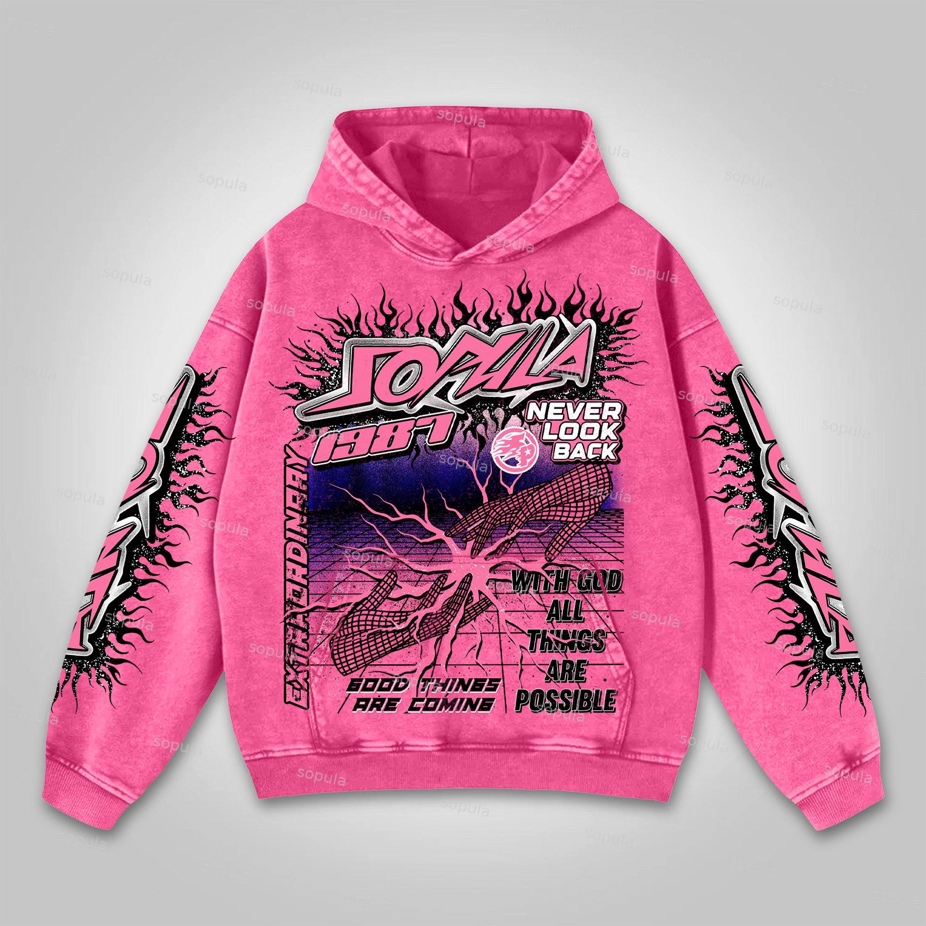 Sopula Flame Font Network Connection Graphic Washed Hoodie Product Image