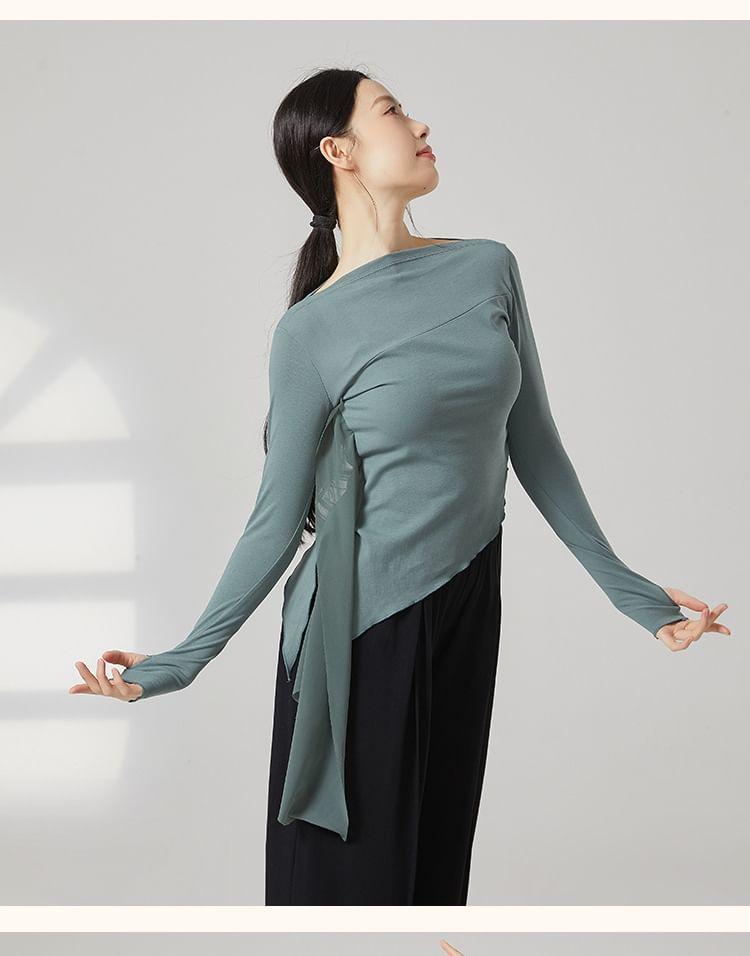 Long-Sleeve Boat Neck Plain Thumbhole Asymmetrical Dance Top / Elbow-Sleeve Dance Top Product Image