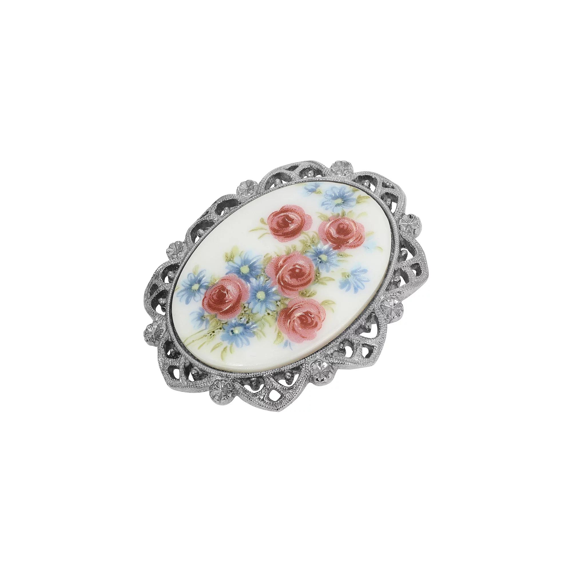 1928 Silver Tone Crystal Oval Floral Stone Brooch, Women's, Pink Product Image