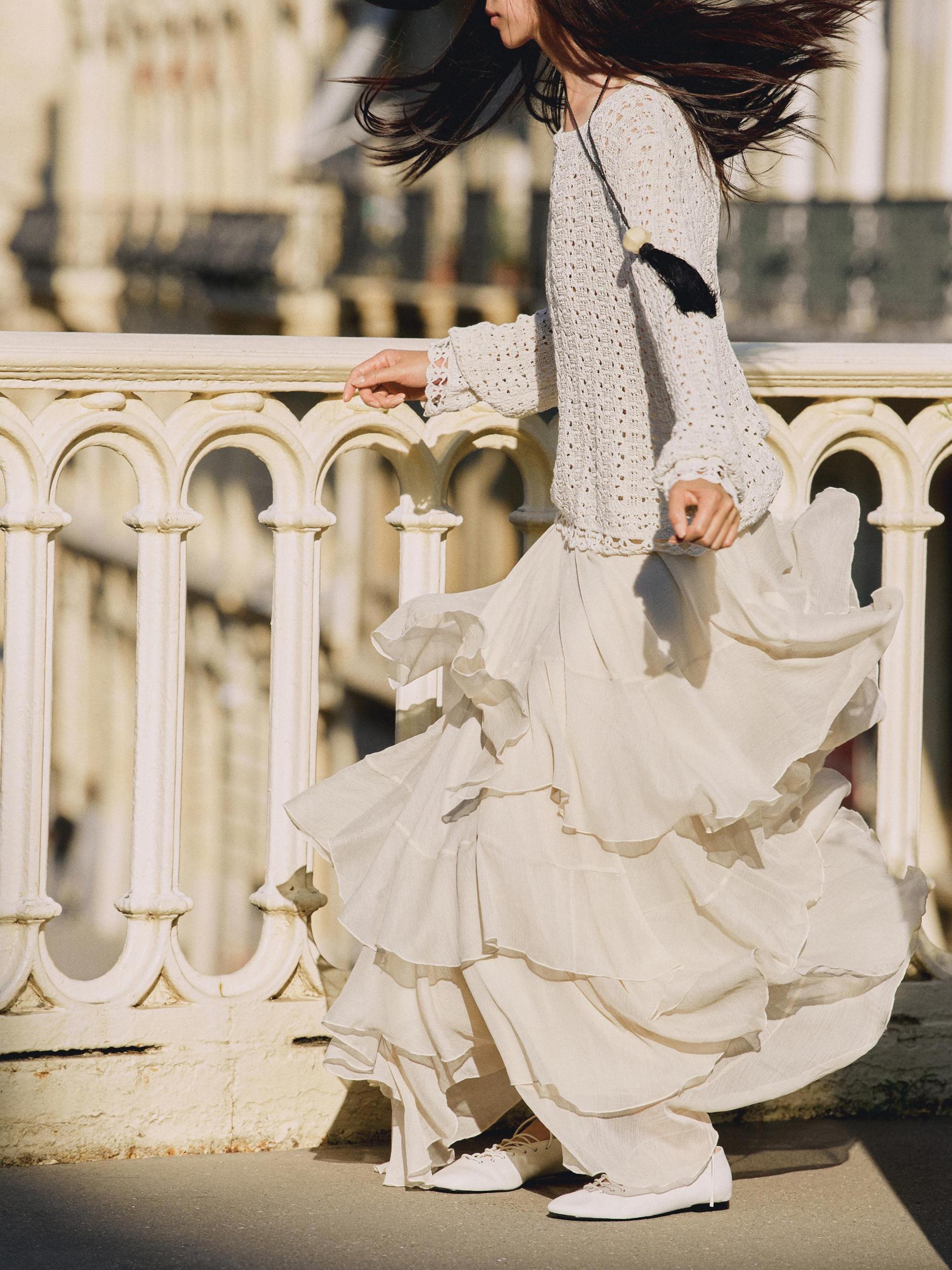 Long ruffled skirt with sash Product Image