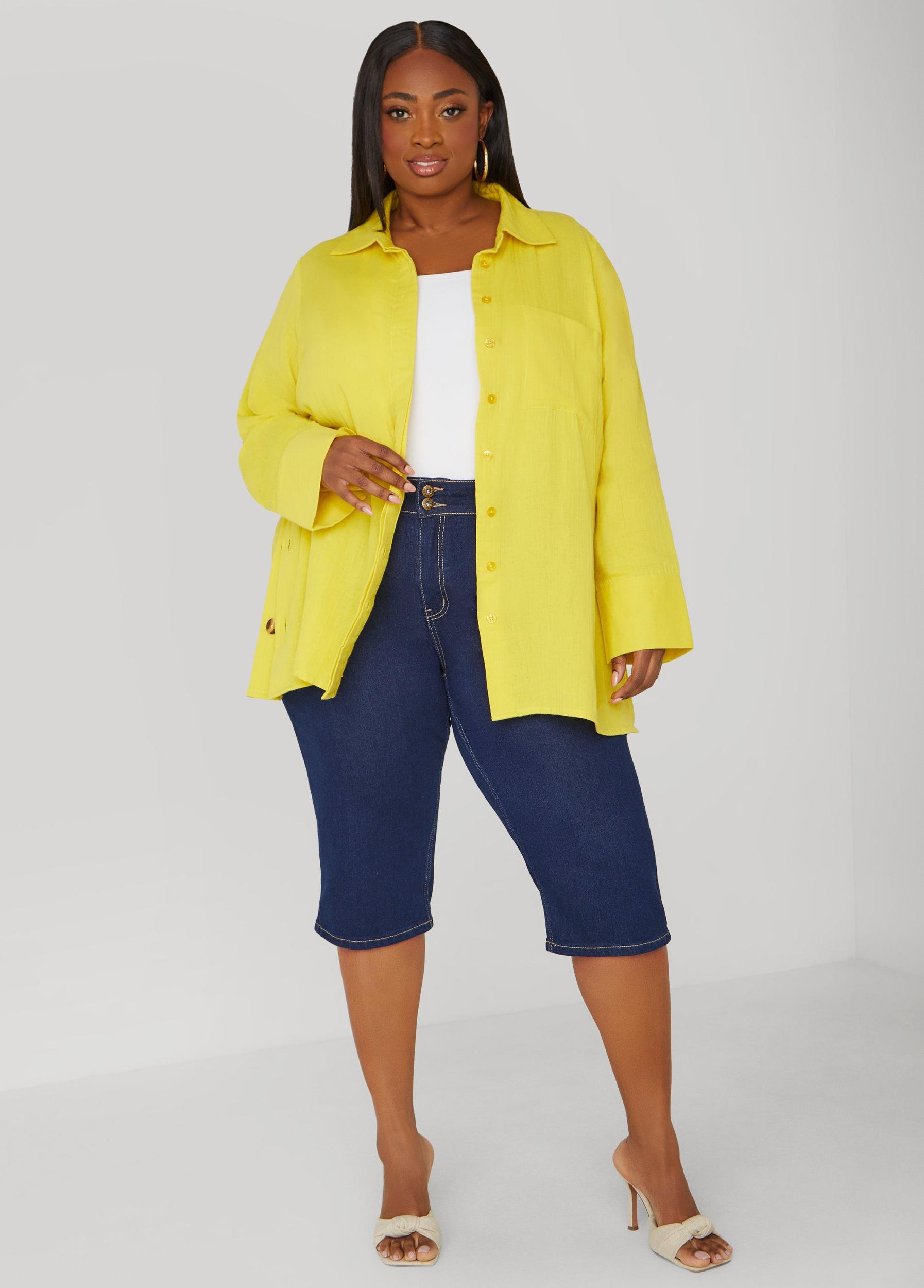 Plus Size Button Detailed Cotton Gauze Shirt Ashley Stewart Product Image