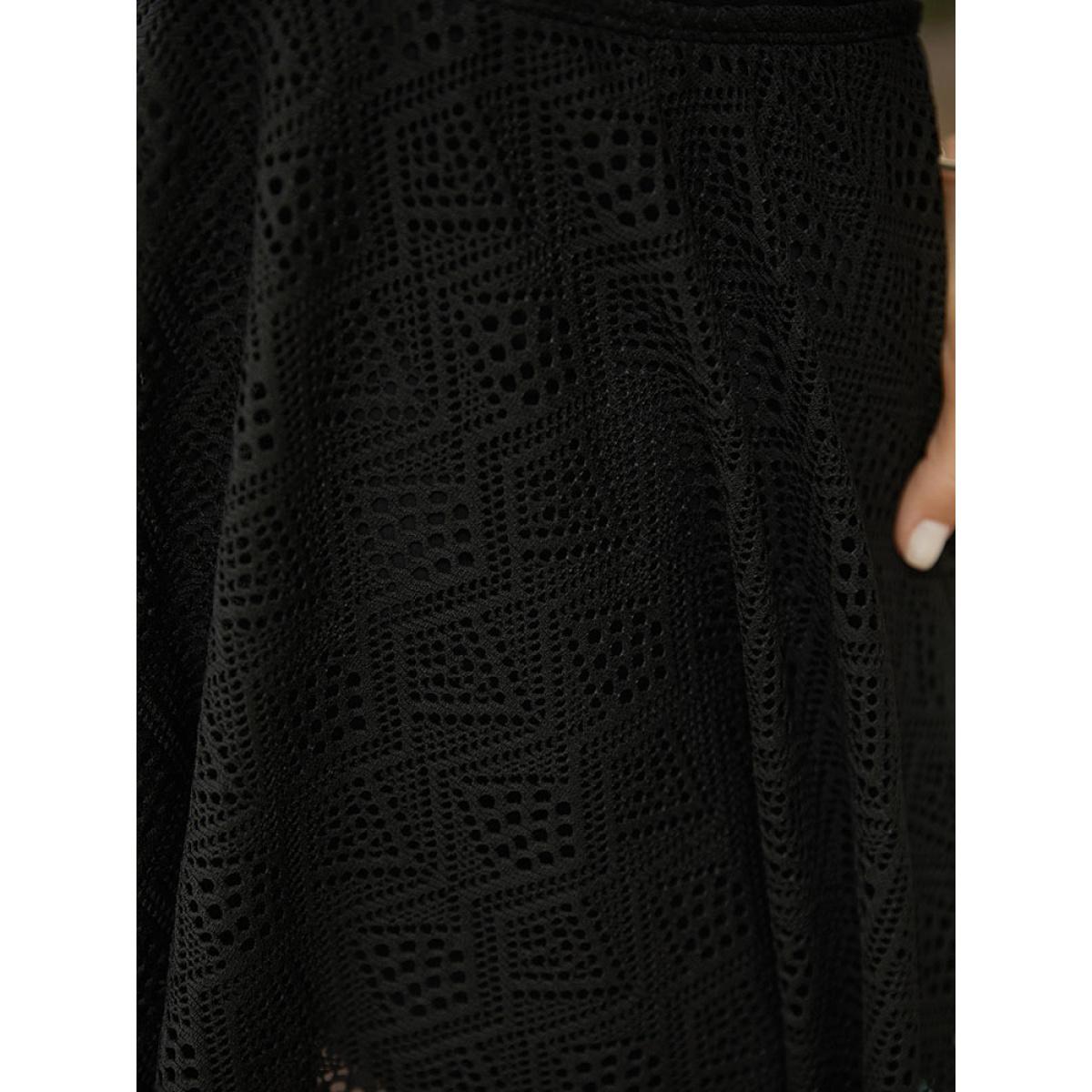 Plus Size Geometric Mesh Patchwork Flutter Drawstring Swim Dress Women's Swimwear Black Vacation Square Neck High stretch Curve Swim Dresses BloomChic 22-24/3X Product Image