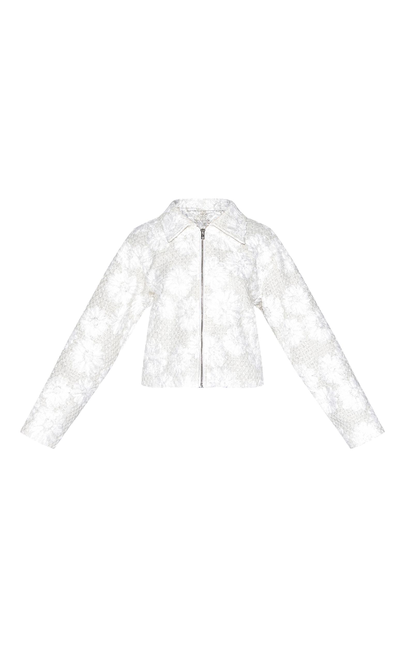 White Floral Detail Boxy Zip Up Jacket Product Image