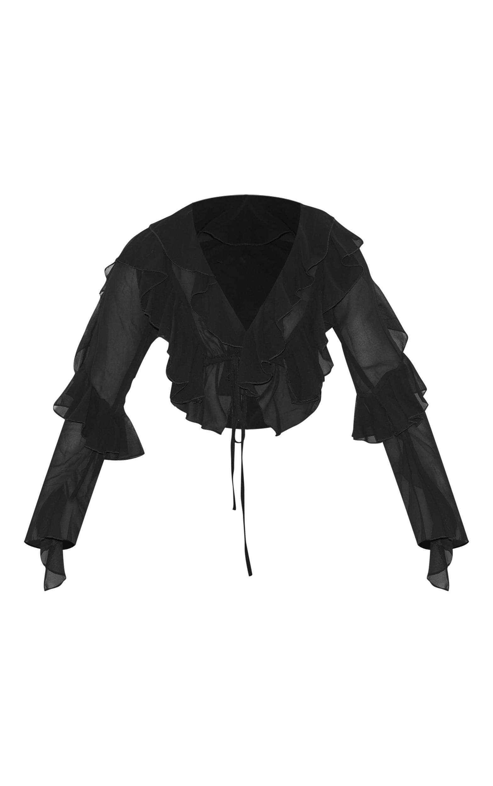 Black Extreme Frill Tie Front Flare Sleeve Blouse Product Image