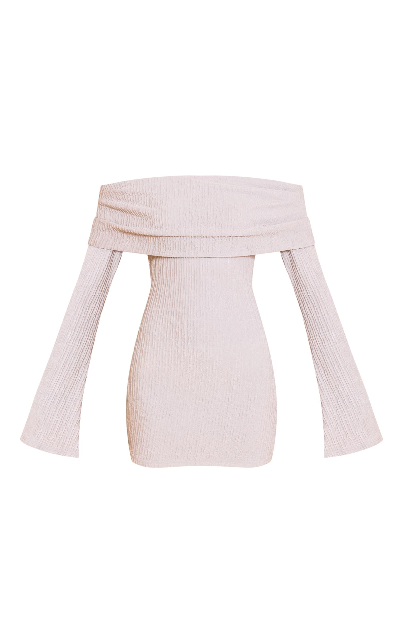 Grey Textured Bardot Long Sleeve Bodycon Dress Product Image