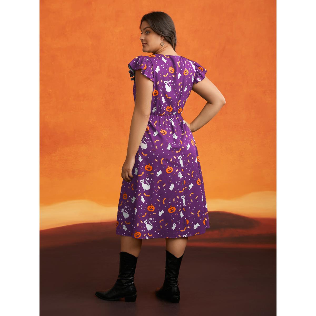 Plus Size Pumpkin Printed Ruffle Sleeves Midi Dress Deeppurplered Women Playful Ruffles Party Curvy Bloomchic 18-20/2X Product Image