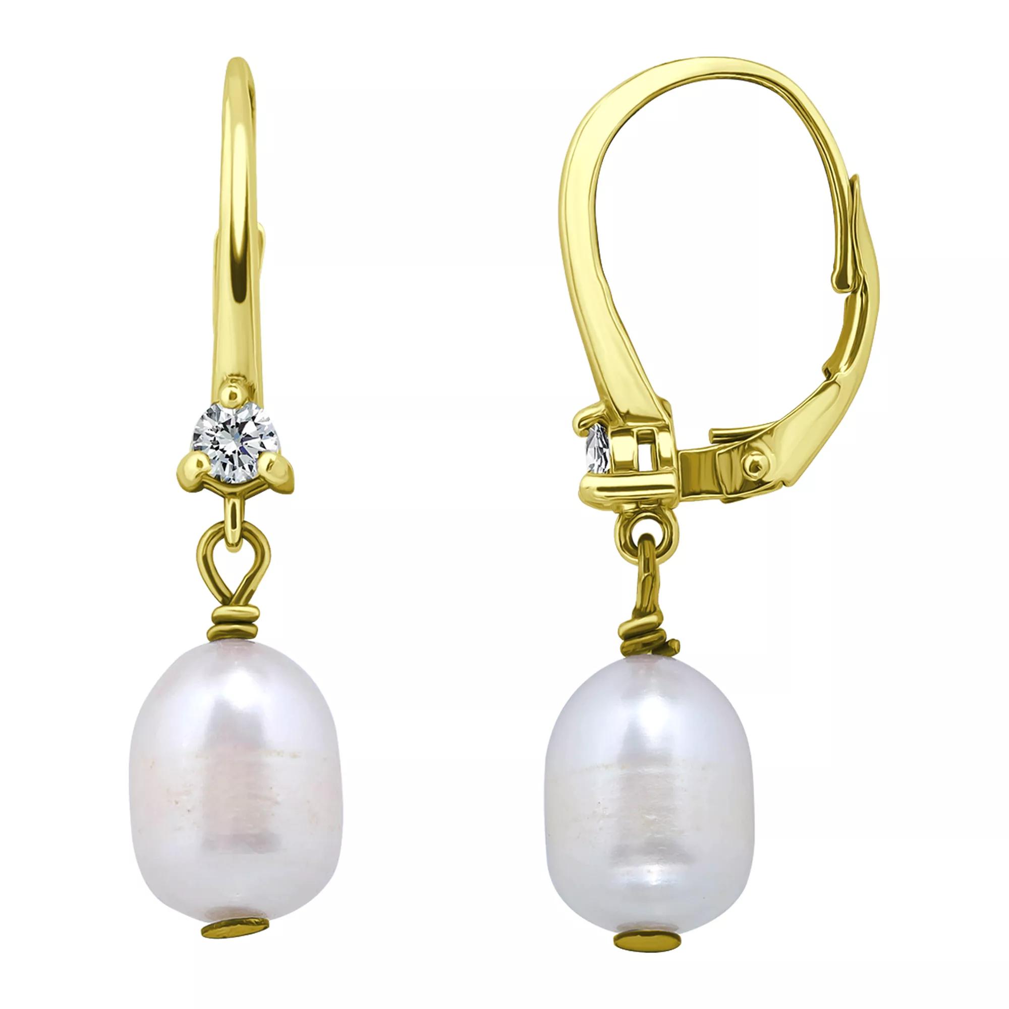 Aleure Precioso Sterling Silver Cubic Zirconia & Freshwater Cultured Pearl Leverback Earrings, Women's, Gold Tone Product Image