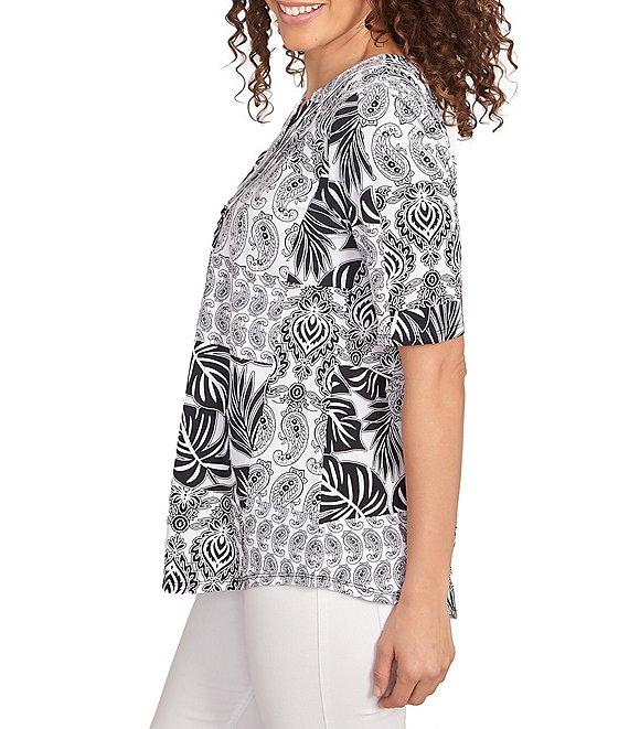 Ruby Rd. Knit Patchwork Split V-Neck Short Sleeve Top Product Image