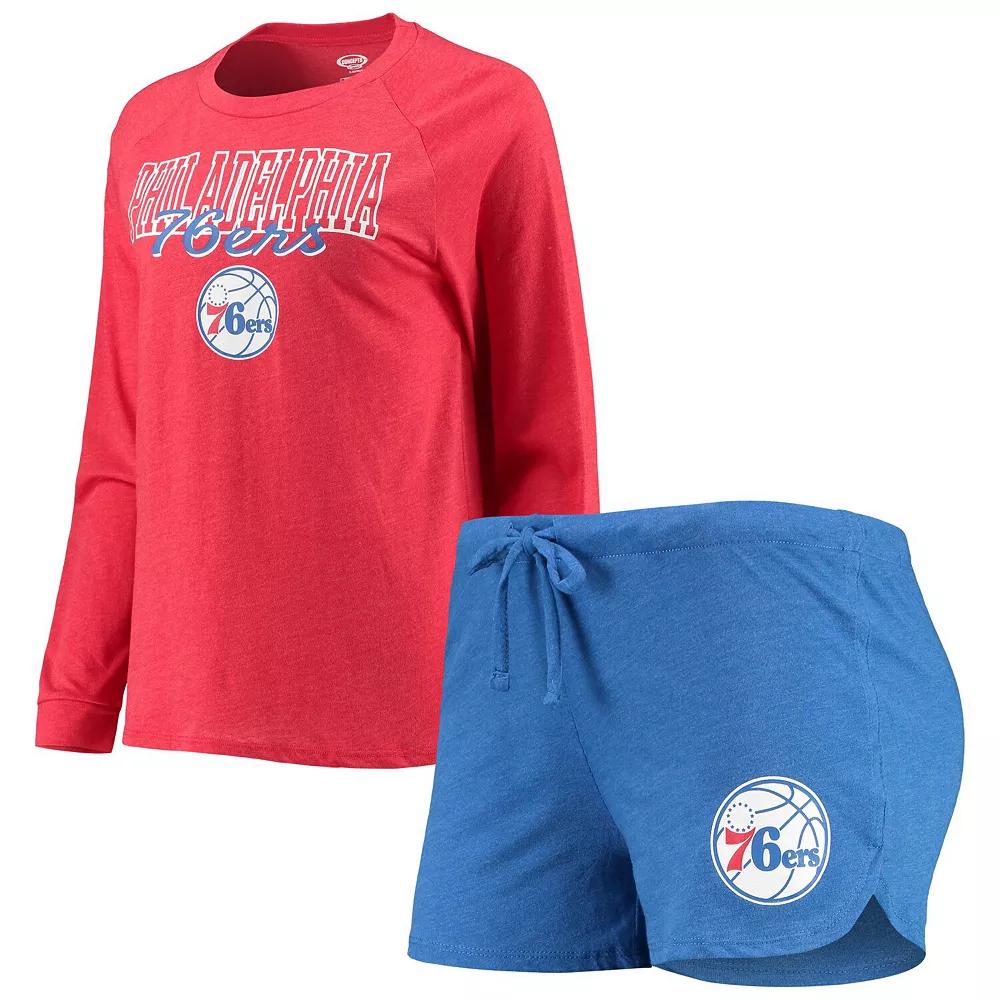 Women's Concepts Sport Heathered Royal/Heathered Red Philadelphia 76ers Raglan Long Sleeve T-Shirt & Shorts Sleep Set, Size: Large, 76r Blue Product Image