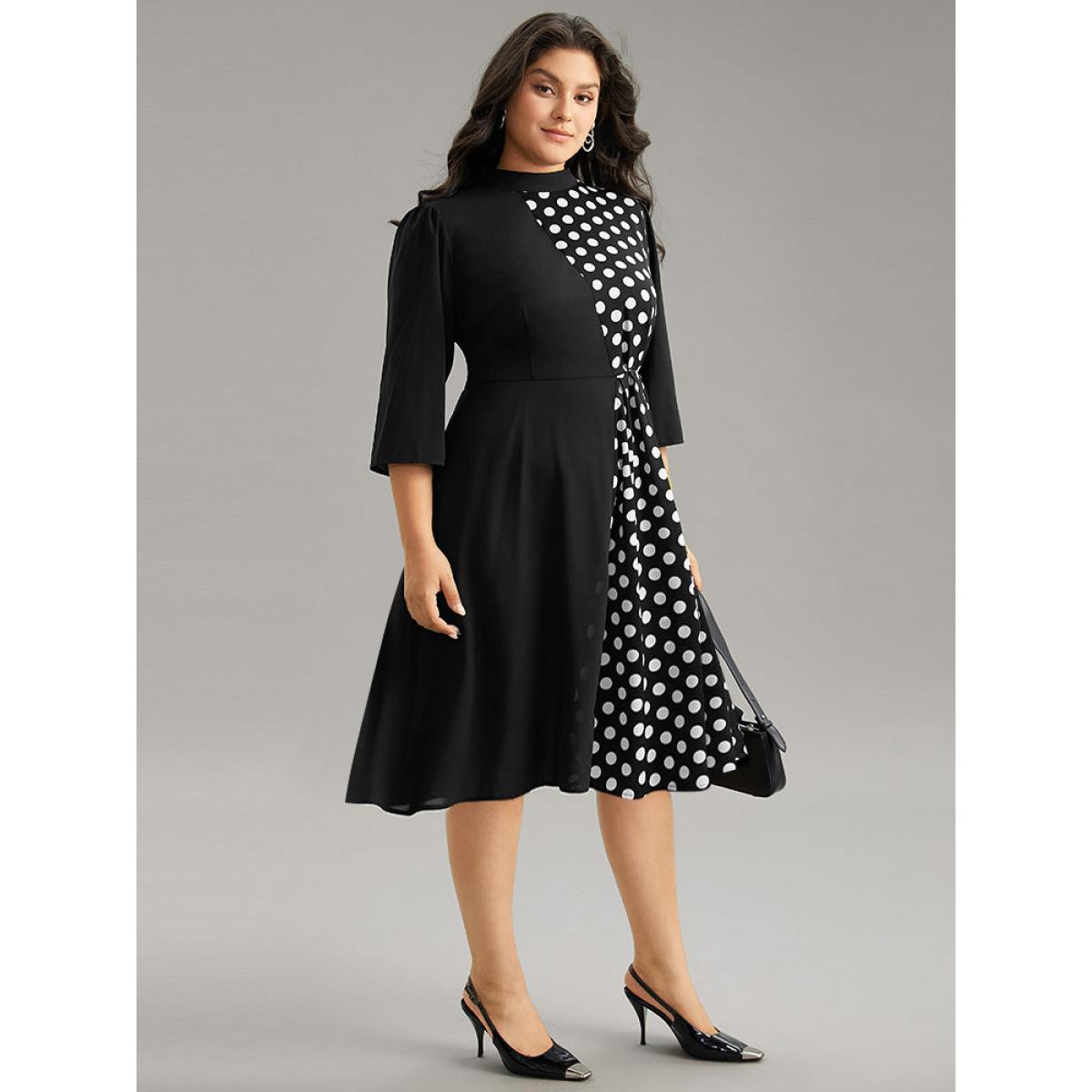 Plus Size Polka Dot Patchwork Mock Neck Elastic Waist Dress Black Women At the Office Contrast Mock Neck Elbow-length sleeve Curvy Midi Dress BloomChic 22-24/3X Product Image