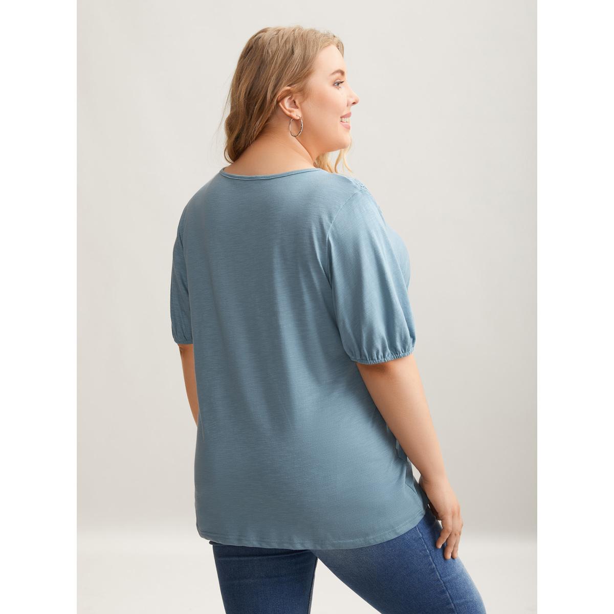 Plus Size Bamboo Shirred Shoulder V-Neck T-Shirt Stone Women Casual Shirred V-neck Everyday T-shirts BloomChic 26/4X Product Image