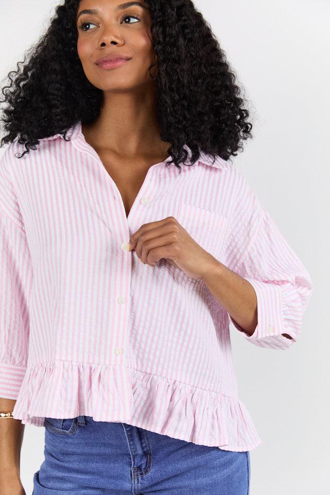 In Depth Pink Ruffle Hem Textured Stripe Button Down Top FINAL SALE Product Image
