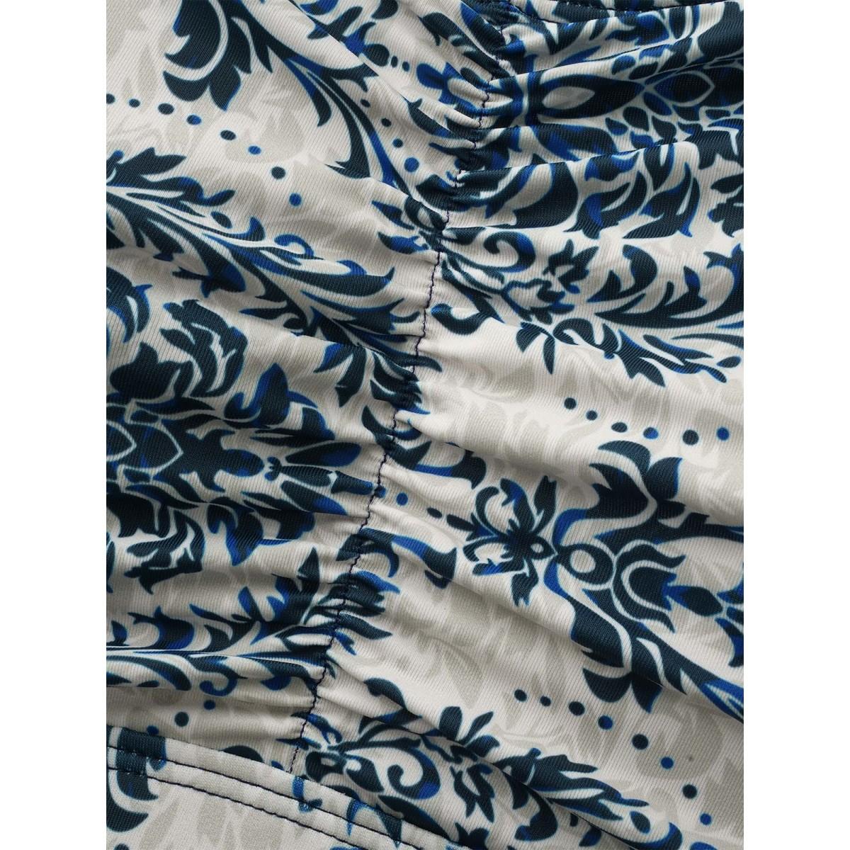 Plus Size Boho Print Heart Neckline Gathered Swim Dress Women's Swimwear DarkBlue Beach Bodycon Heart neckline High stretch Curve Swim Dresses BloomChic 28/5X Product Image