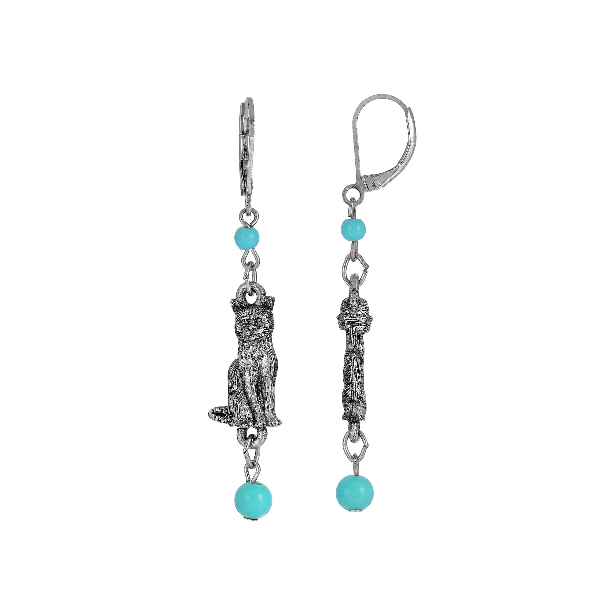 1928 Silver Tone Pink Beaded Cat Drop Earrings, Womens Product Image