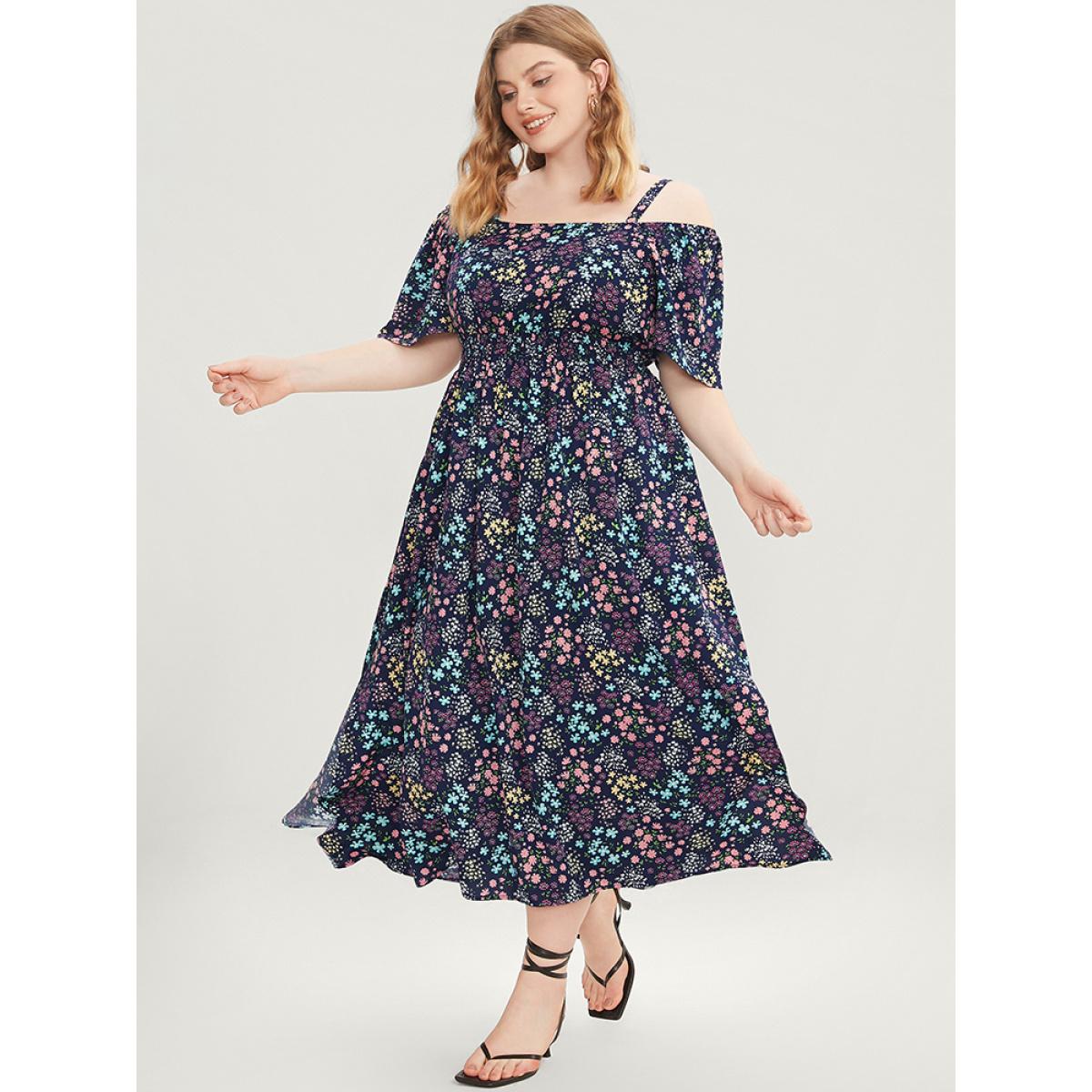 Plus Size Ditsy Floral Ruffles Pocket Shirred Split Hem Cami Dress Navy Women Vacation Adjustable Straps Spaghetti Strap Short sleeve Curvy Midi Dress BloomChic 22-24/3X Product Image