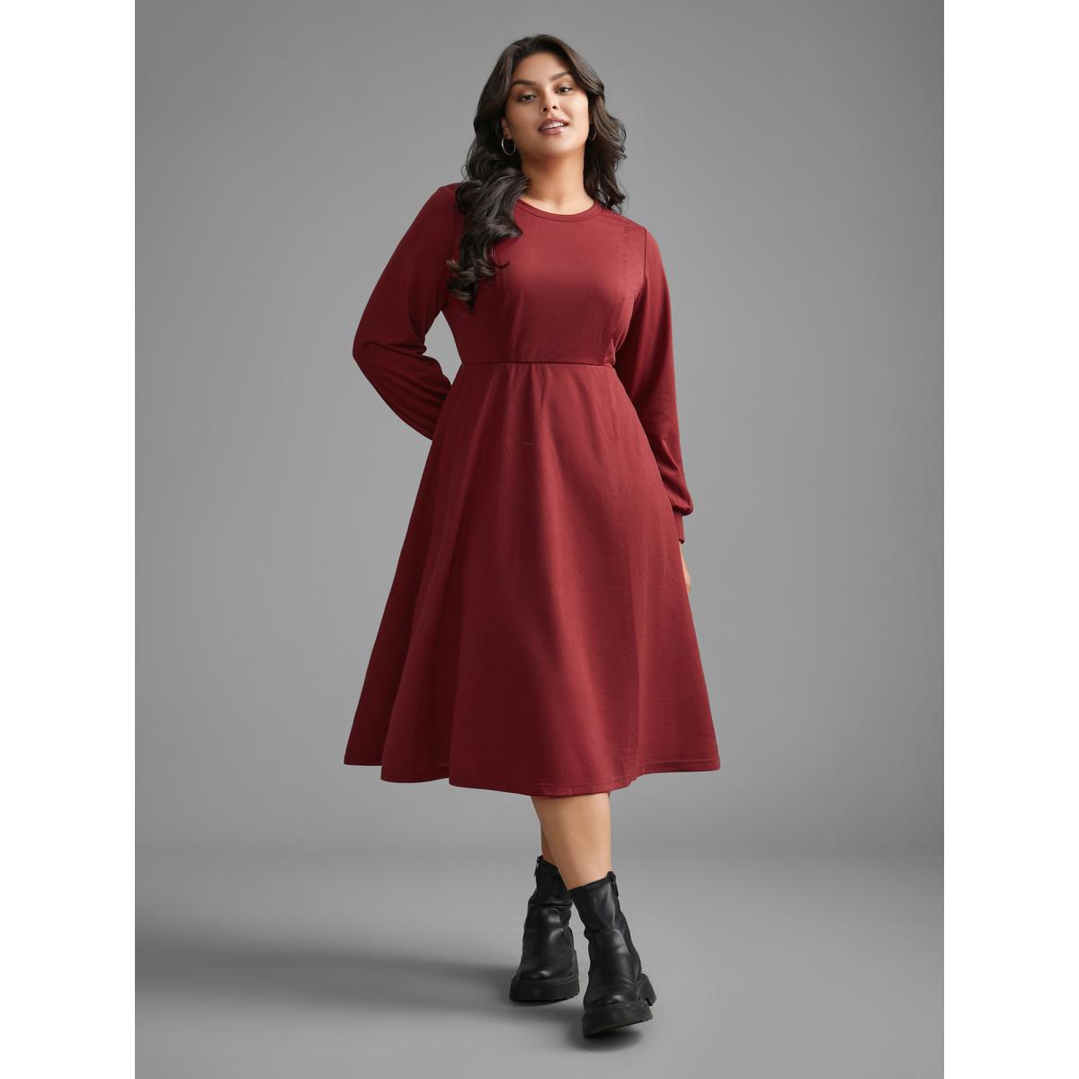 Plus Size Solid Round Neck Midi Knit Dress Burgundy Women Casual Non Knit Dresses Bloomchic 28/5X Product Image