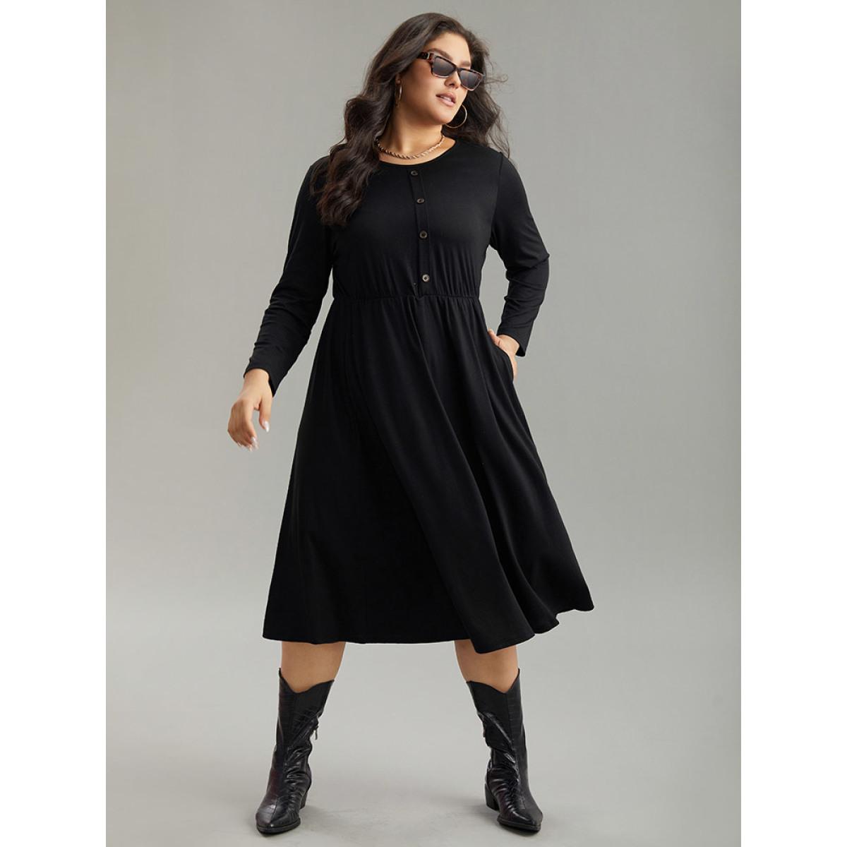 Plus Size Supersoft Essentials Solid Button Detail Dress Black Women Casual Plain Round Neck Long Sleeve Curvy Midi Dress BloomChic 14-16/1X Product Image