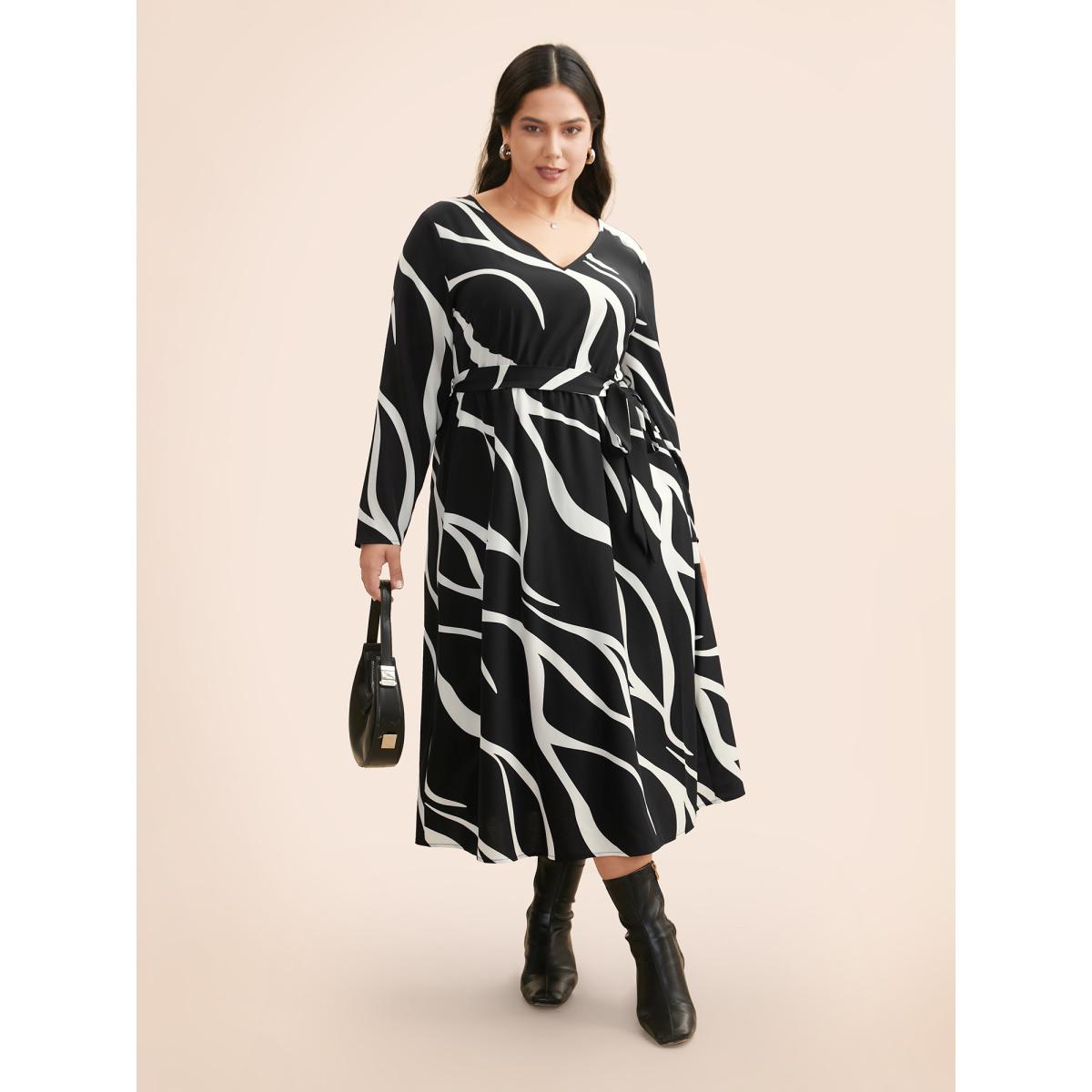 Plus Size V Neck Geometric Belted Dress Black Women At the Office Belted V-neck Long Sleeve Curvy BloomChic 22-24/3X Product Image