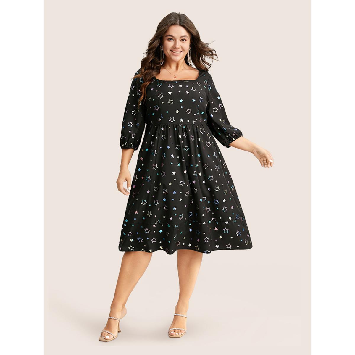 Plus Size Heart Glitter Square Neck Lantern Sleeve Dress Black Women Cocktail Elastic cuffs Square Neck Half Sleeve Curvy Midi Dress BloomChic 14-16/1X Product Image
