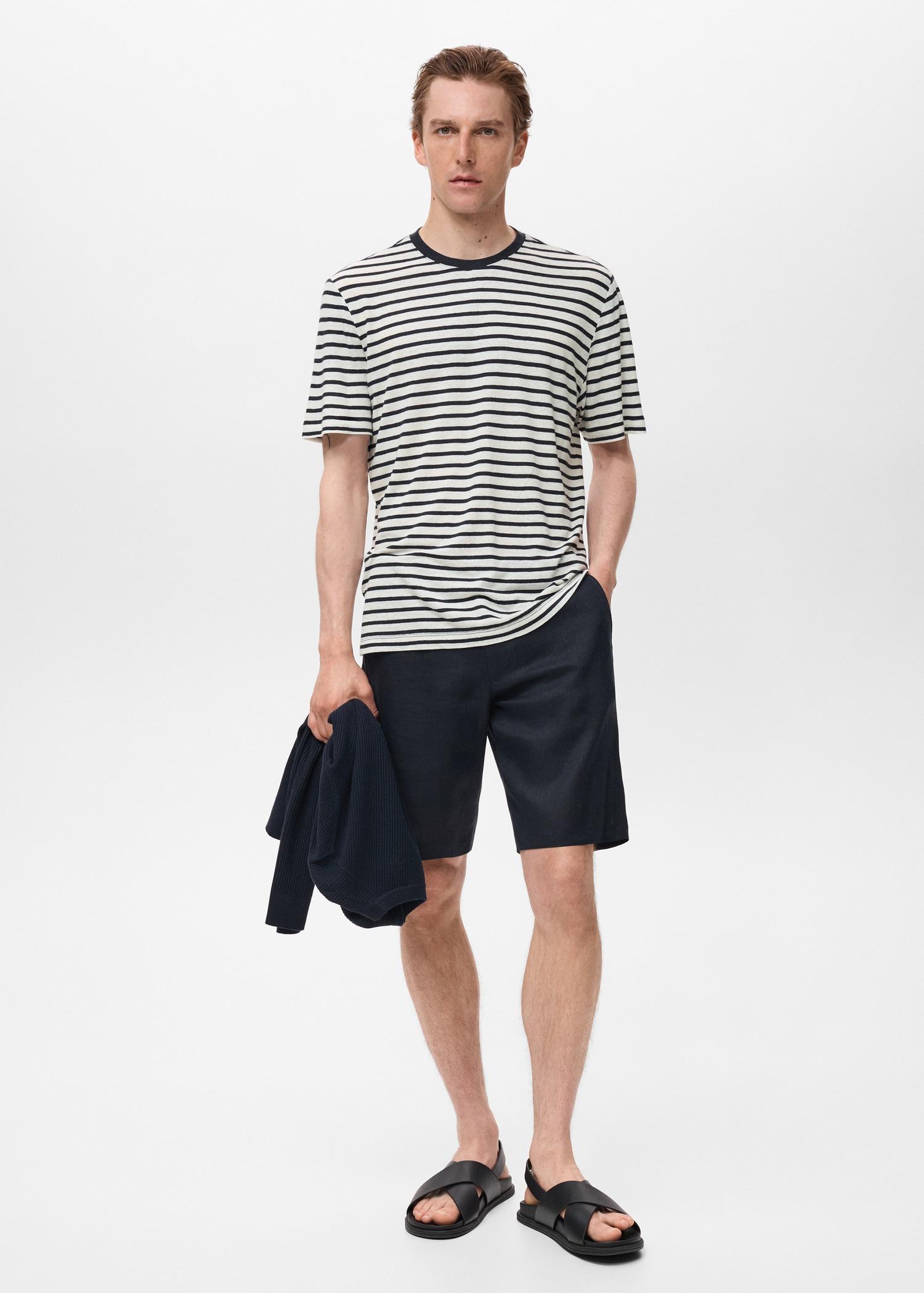 Striped slim-fit linen t-shirt - Men | MANGO USA Product Image